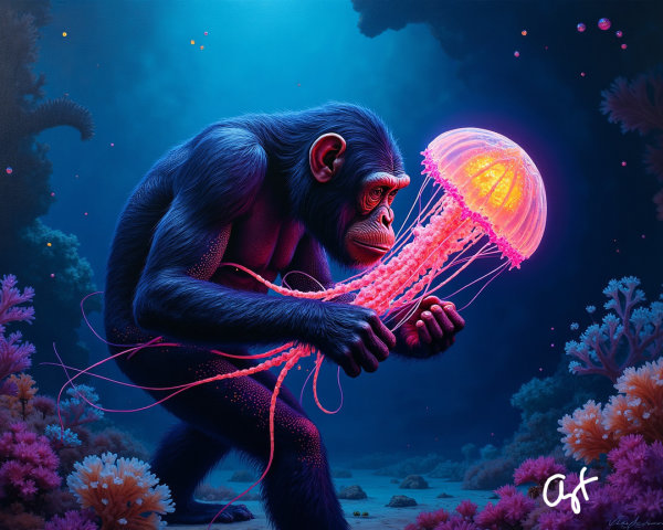 Surreal Underwater Scene with Chimpanzee and Jellyfish