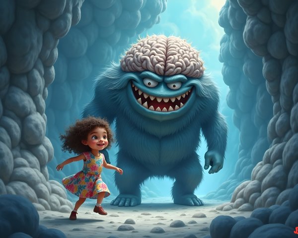 Cheerful girl and furry creature in whimsical corridor