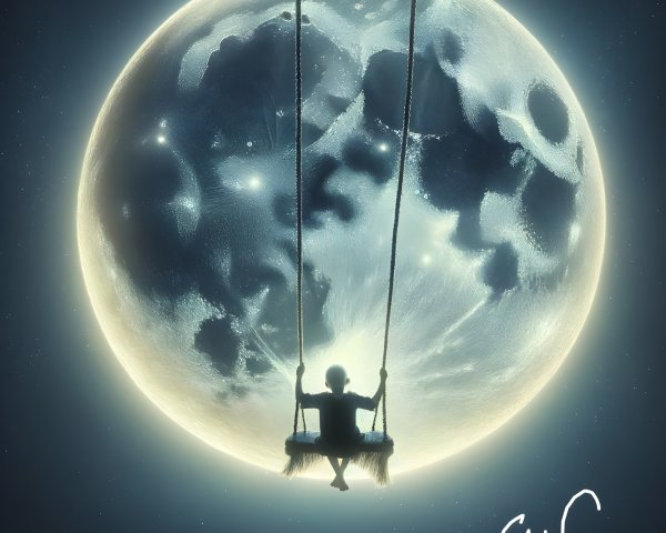 Child on Swing Under Luminous Moon in Night Sky