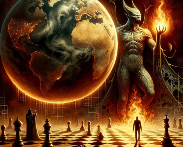 Surreal Landscape with Giant Figure and Chessboard