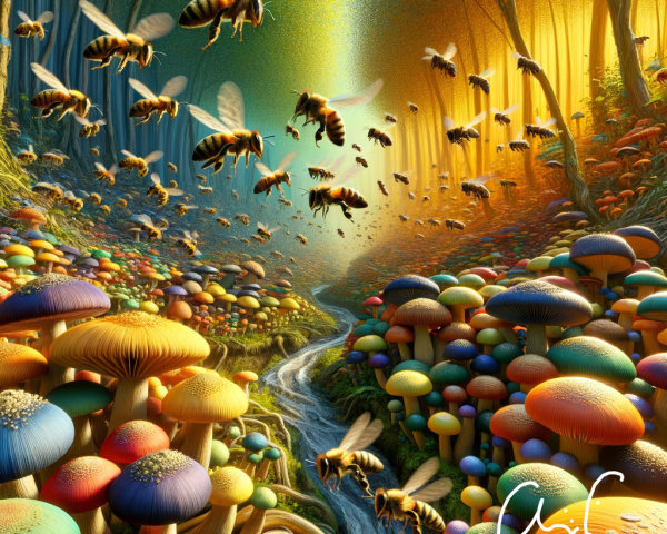 Colorful Mushrooms and Bees in a Whimsical Forest