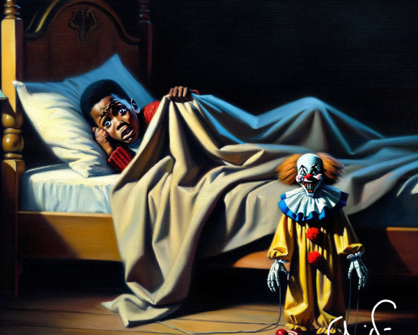 Young Boy in Bed with Sinister Clown Doll Nearby