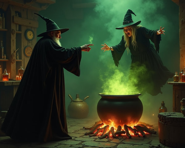 Witches in Potion Shop with Cauldron and Smoke