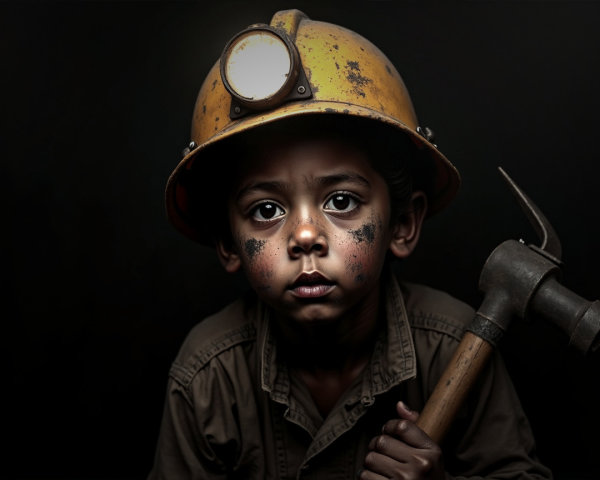 Child in a yellow hard hat with a hammer and dirt marks