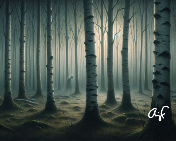 Misty Forest with Birch Trees and Solitary Figure