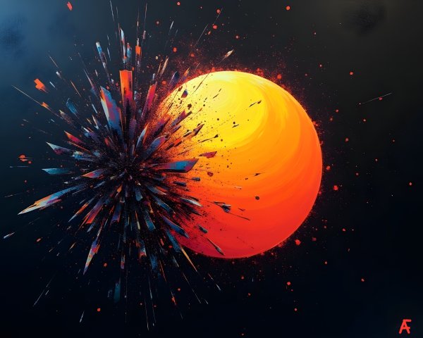 Vibrant Sun Sphere with Crystalline Shards on Black Background