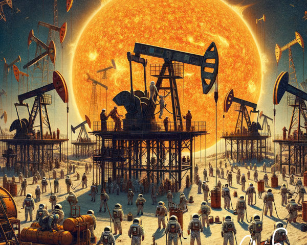 Astronauts in Surreal Landscape with Oil Rigs and Sun