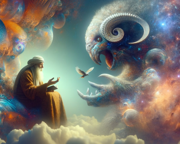 Surreal Scene of Elderly Figure and Fantastical Creature