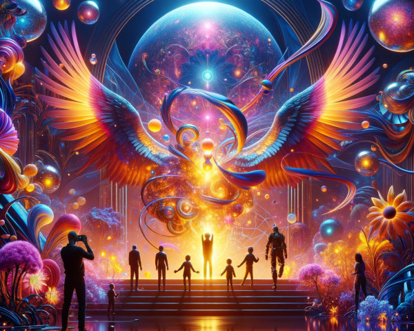 Surreal Cosmic Landscape with Radiant Phoenix and People