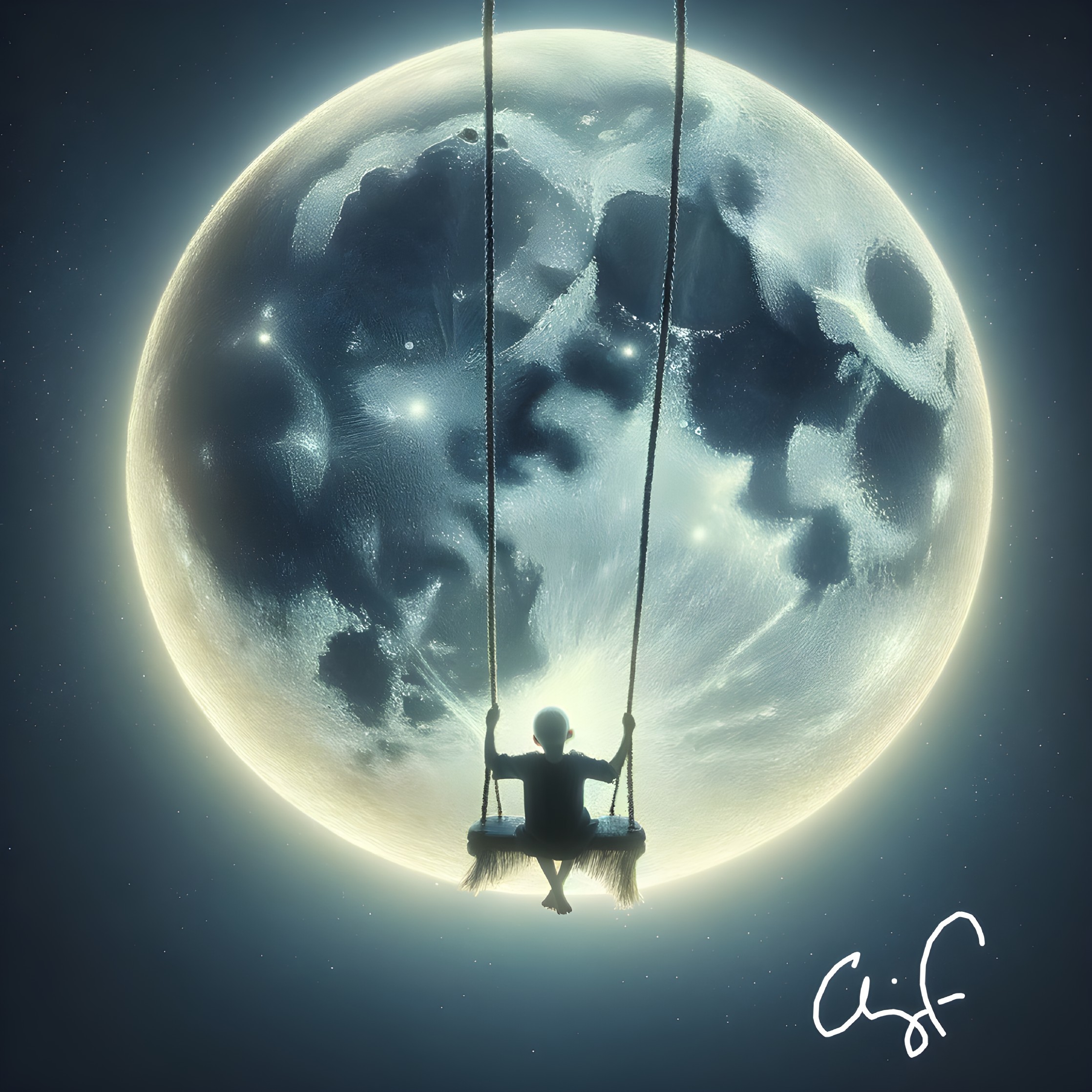 Child on Swing Under Luminous Moon in Night Sky