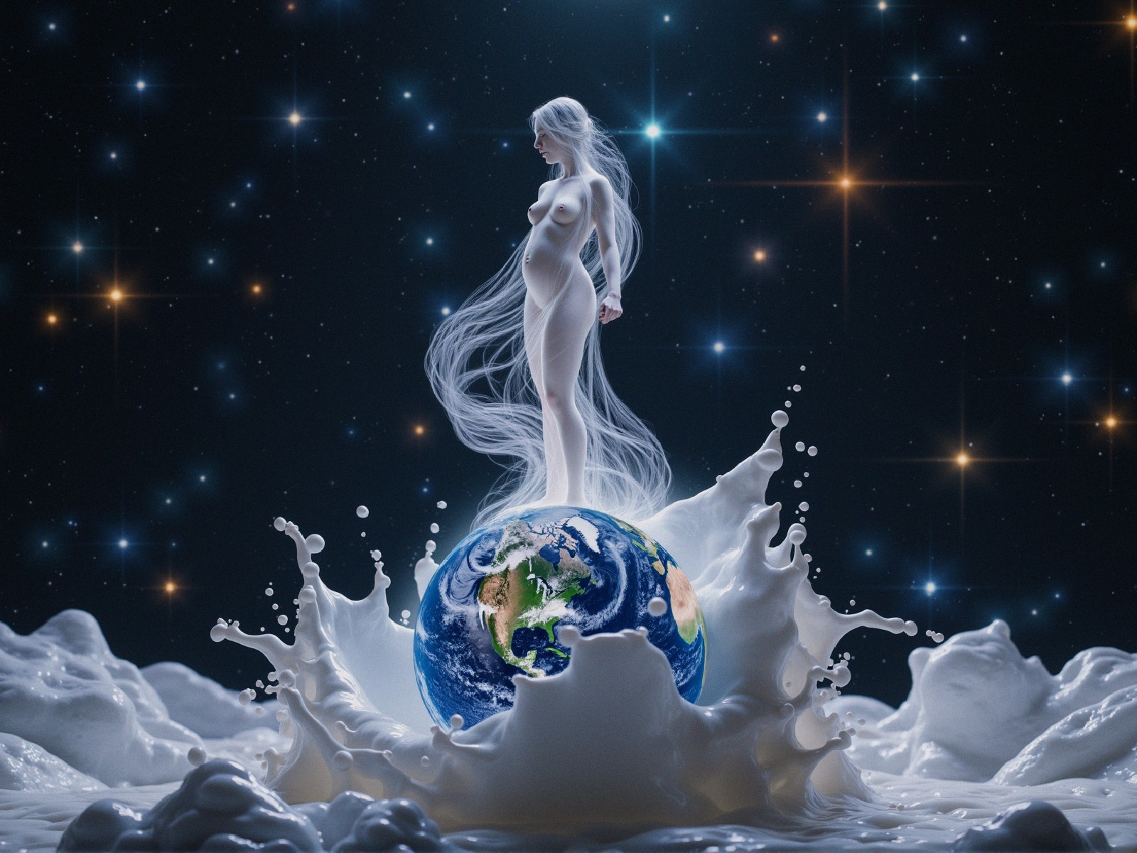 Surreal Scene of Ethereal Figure on Globe in Cosmos