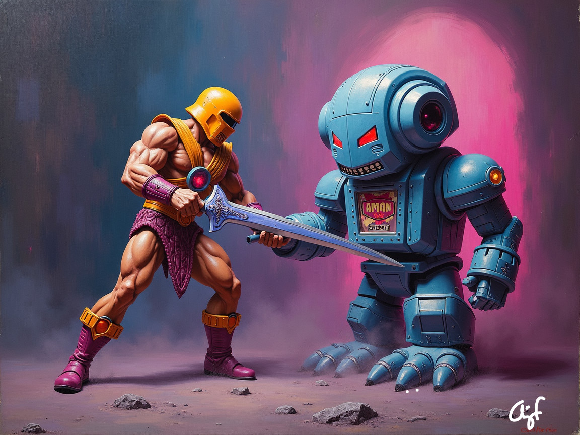 Warrior and Robot Face Off in Vibrant Fantasy Scene