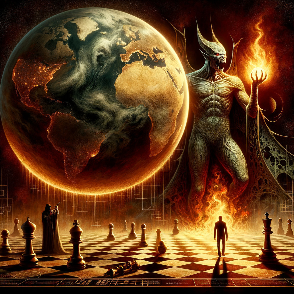 Surreal Landscape with Giant Figure and Chessboard