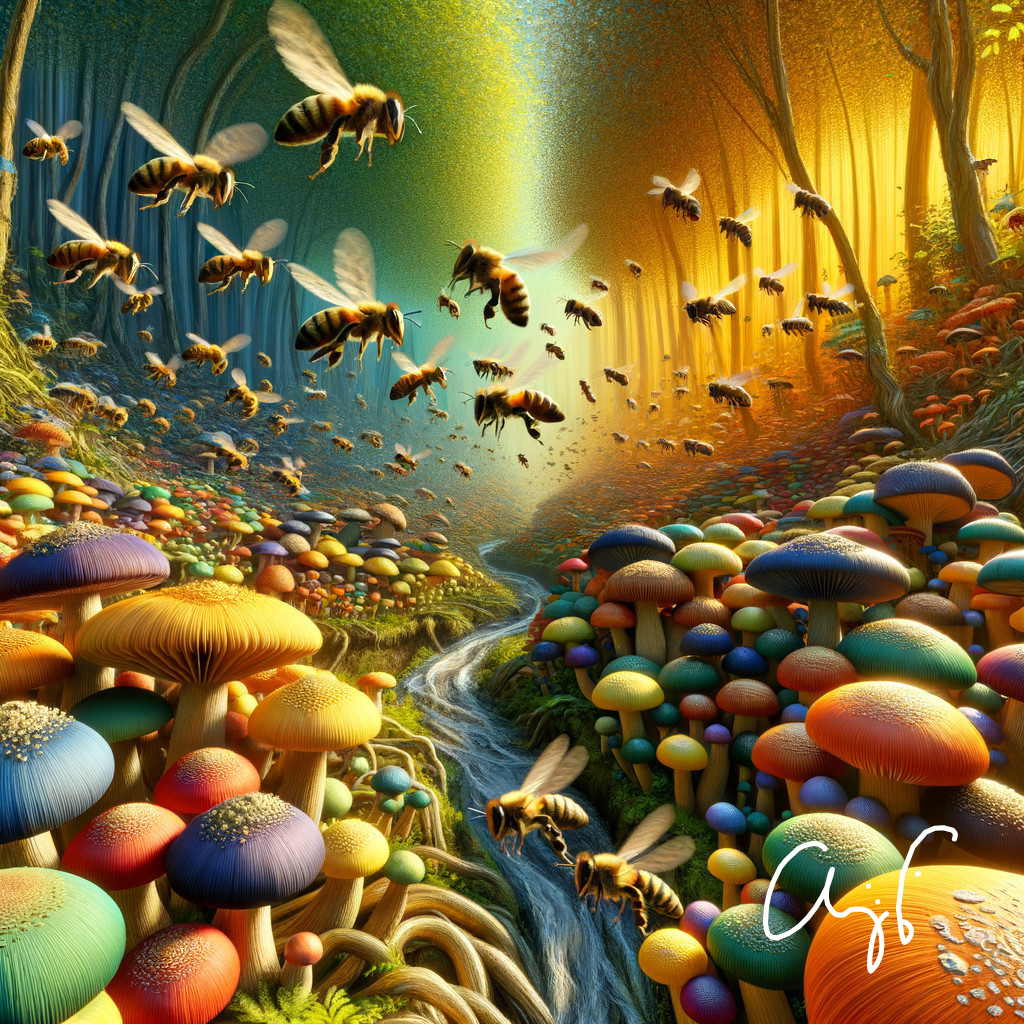 Colorful Mushrooms and Bees in a Whimsical Forest