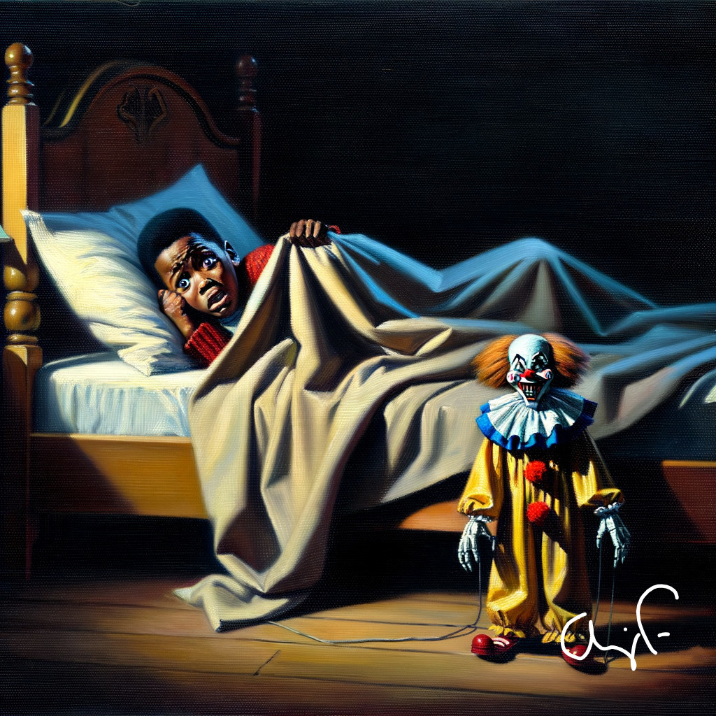 Young Boy in Bed with Sinister Clown Doll Nearby