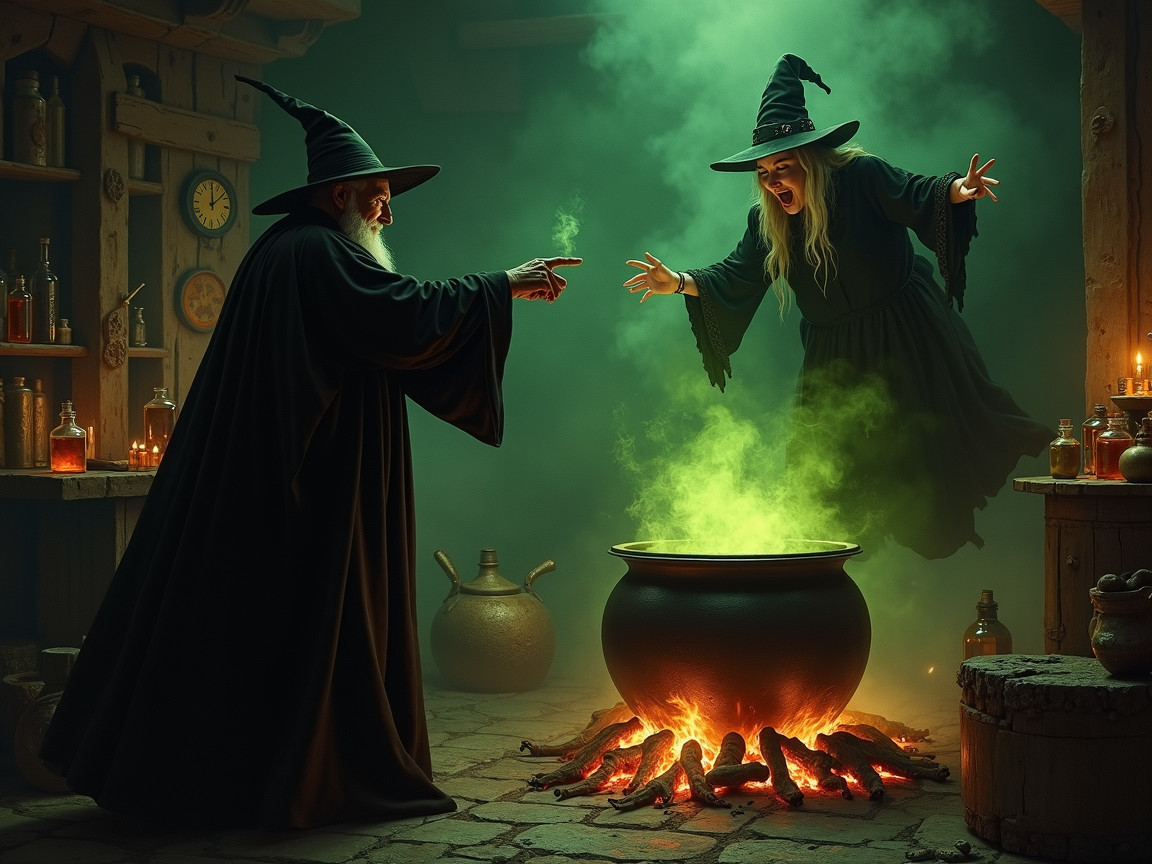 Witches in Potion Shop with Cauldron and Smoke