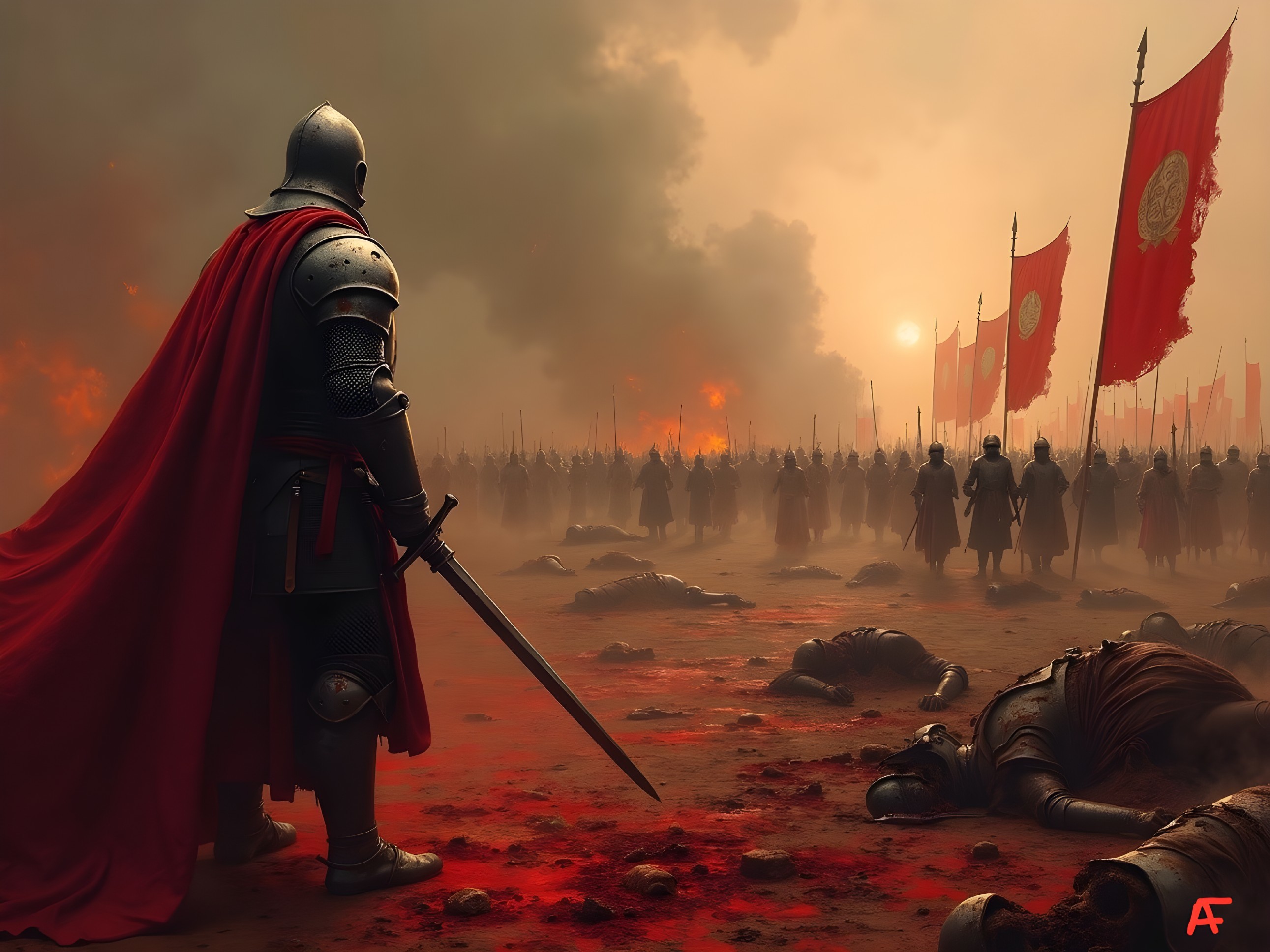 Knight in Armor on Battlefield Surrounded by Chaos