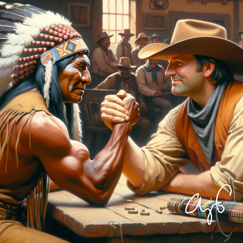 Arm-Wrestling Match Between Chief and Cowboy in Saloon