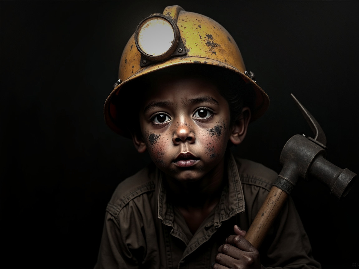 Child in a yellow hard hat with a hammer and dirt marks