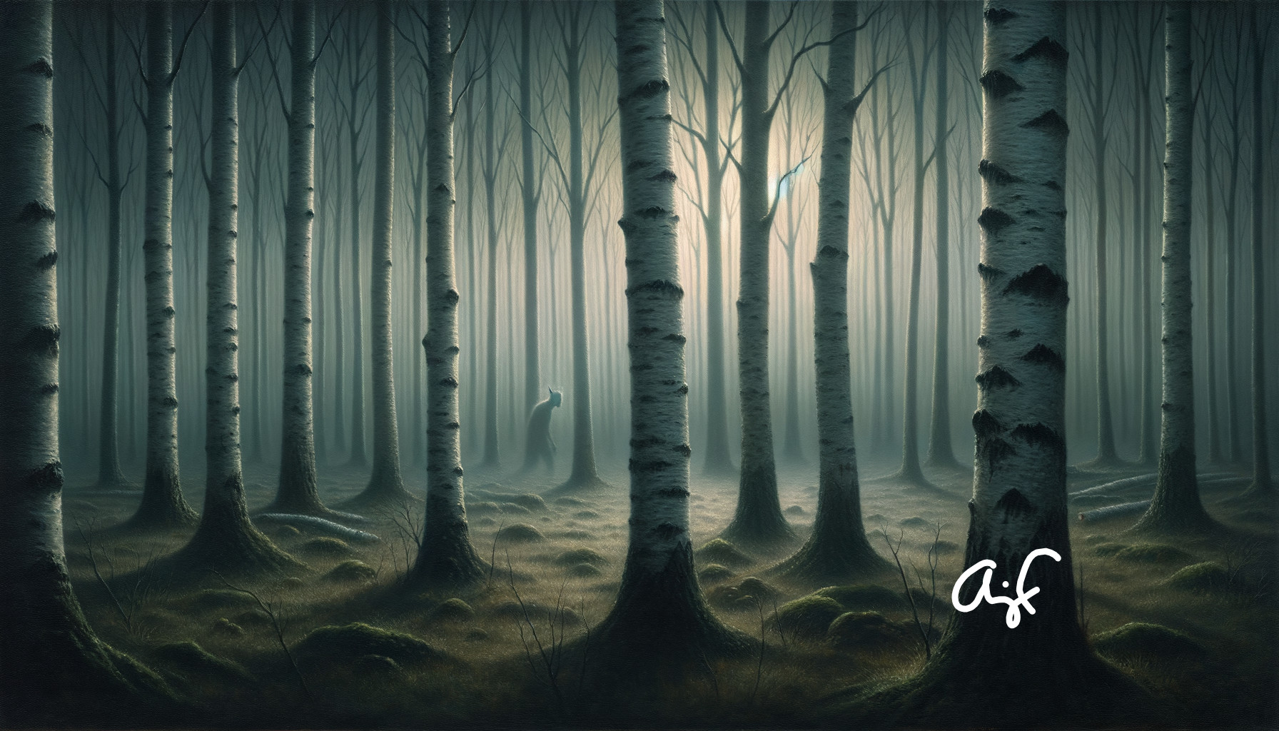 Misty Forest with Birch Trees and Solitary Figure