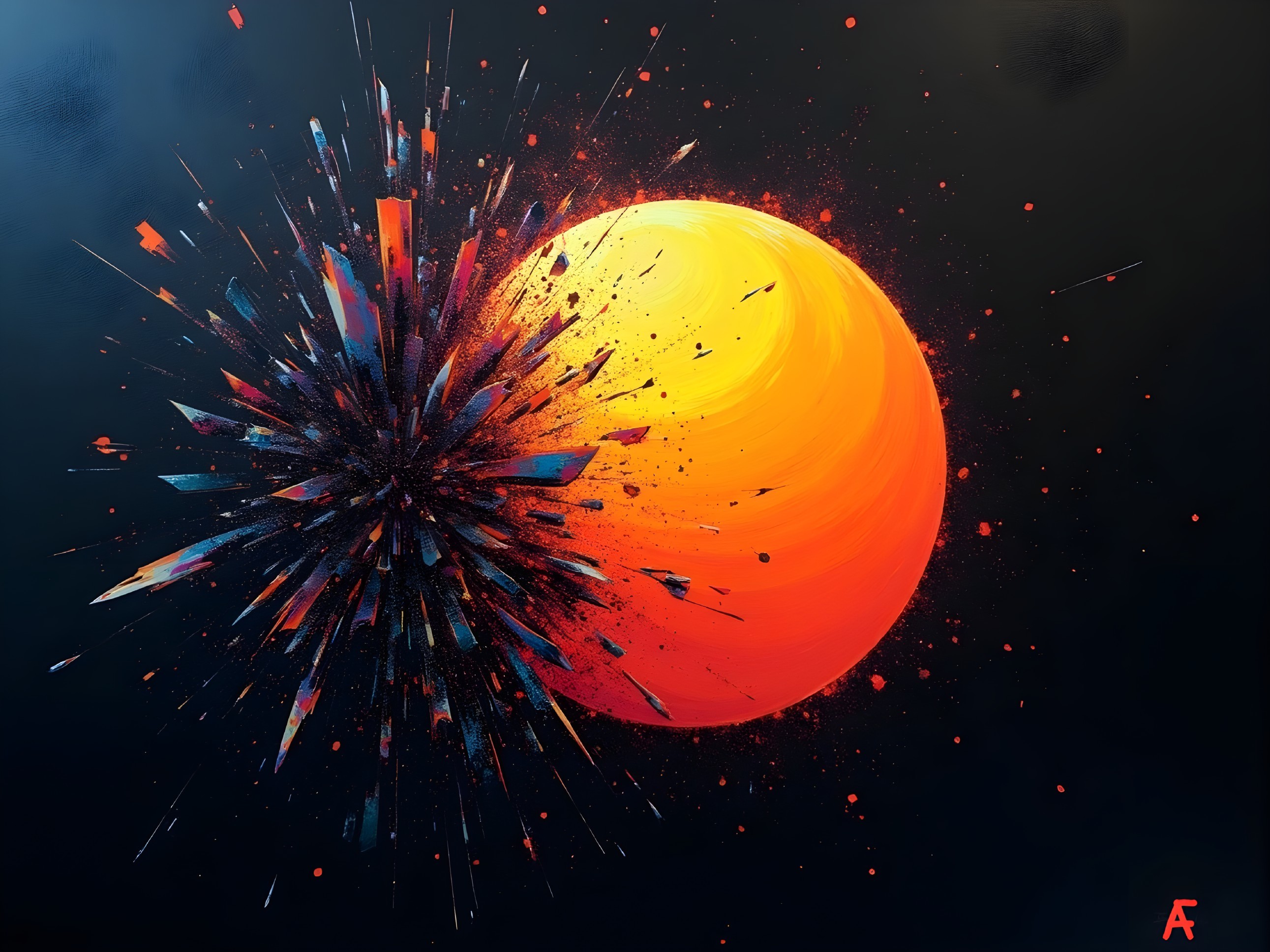 Vibrant Sun Sphere with Crystalline Shards on Black Background