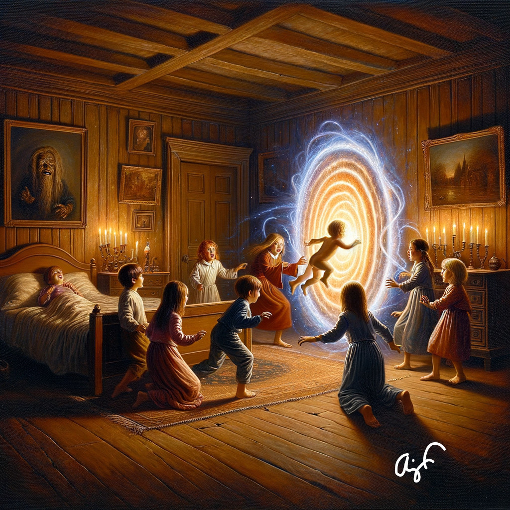 Children in Vintage Nightgowns Gather Around a Portal