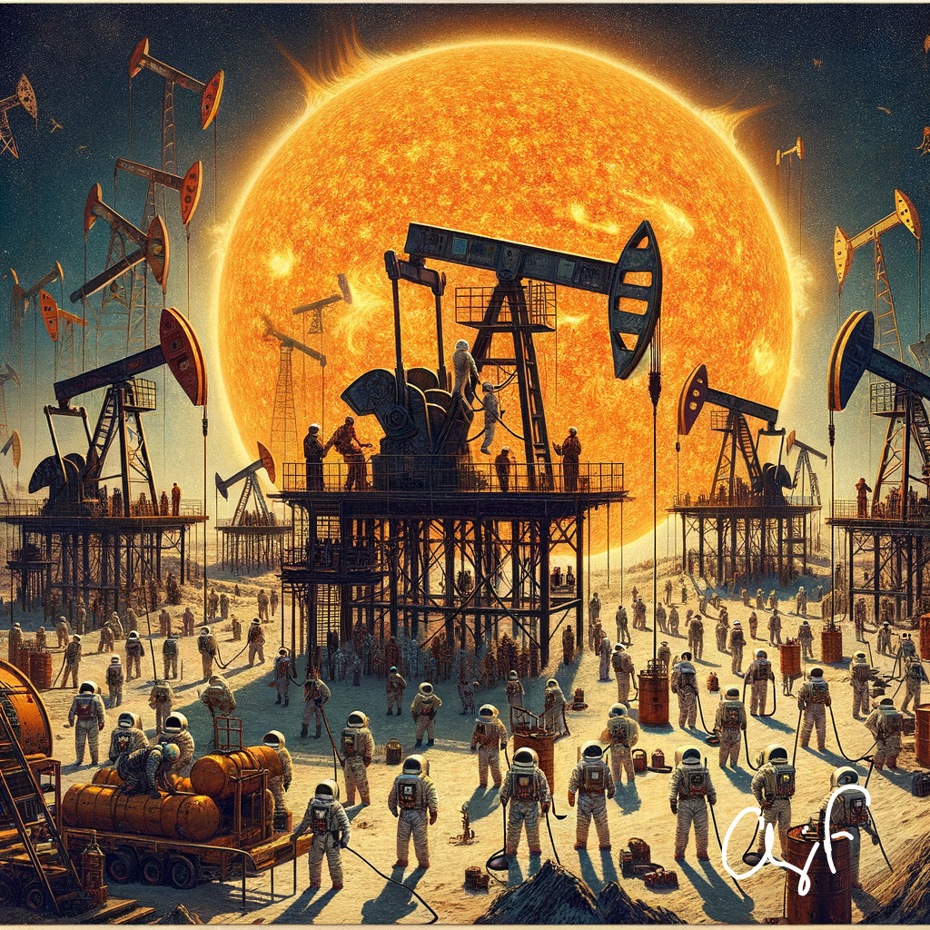 Astronauts in Surreal Landscape with Oil Rigs and Sun