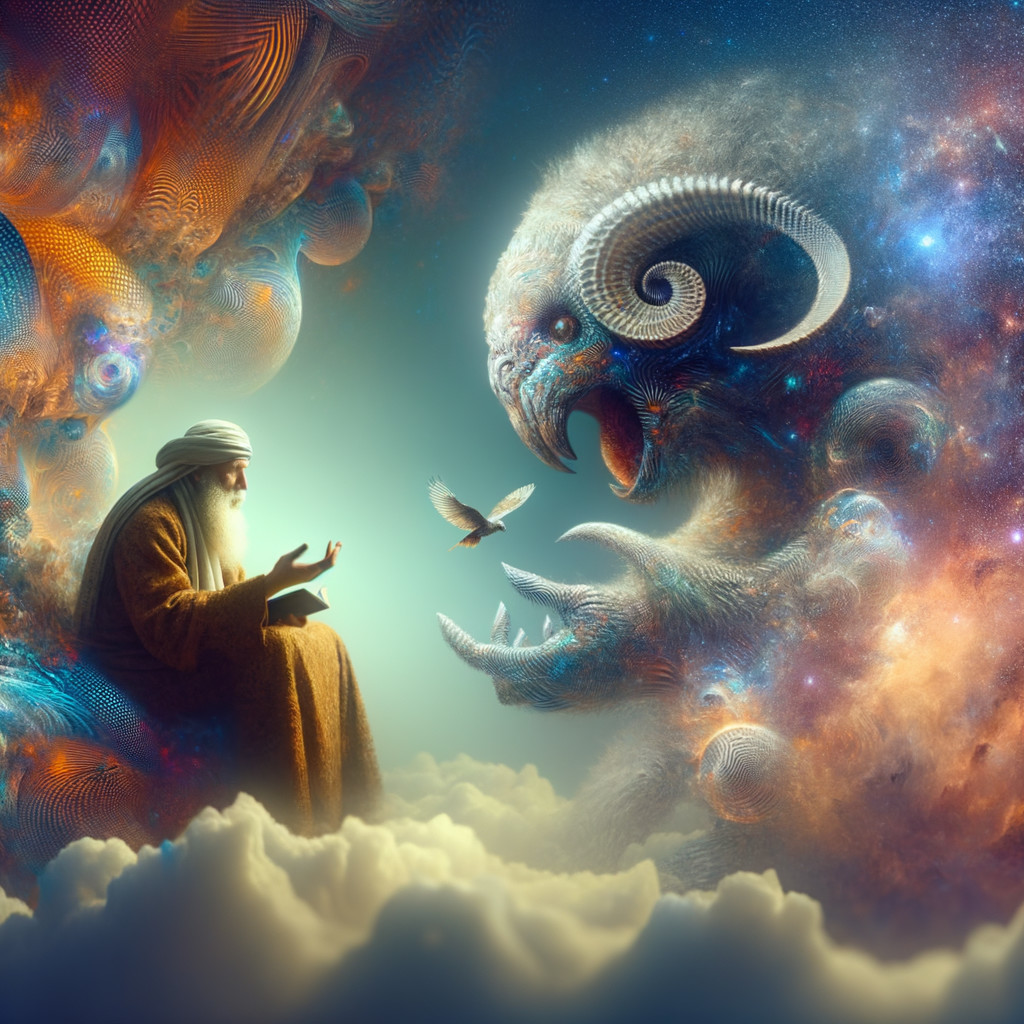 Surreal Scene of Elderly Figure and Fantastical Creature