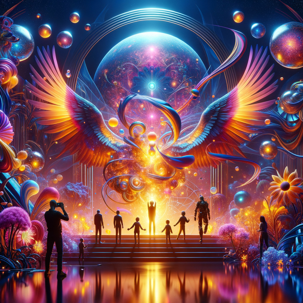 Surreal Cosmic Landscape with Radiant Phoenix and People