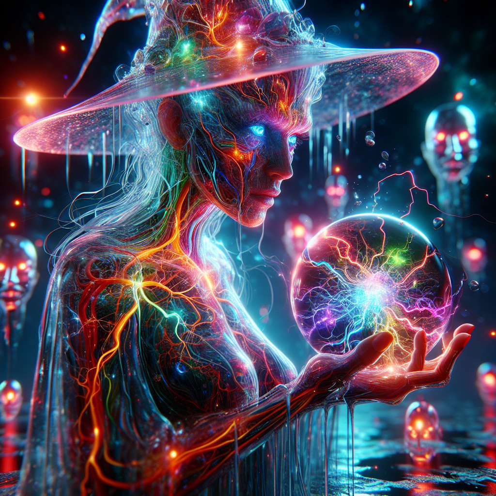 Mystical figure with glowing orb and ethereal entities