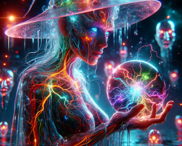 Mystical figure with glowing orb and ethereal entities
