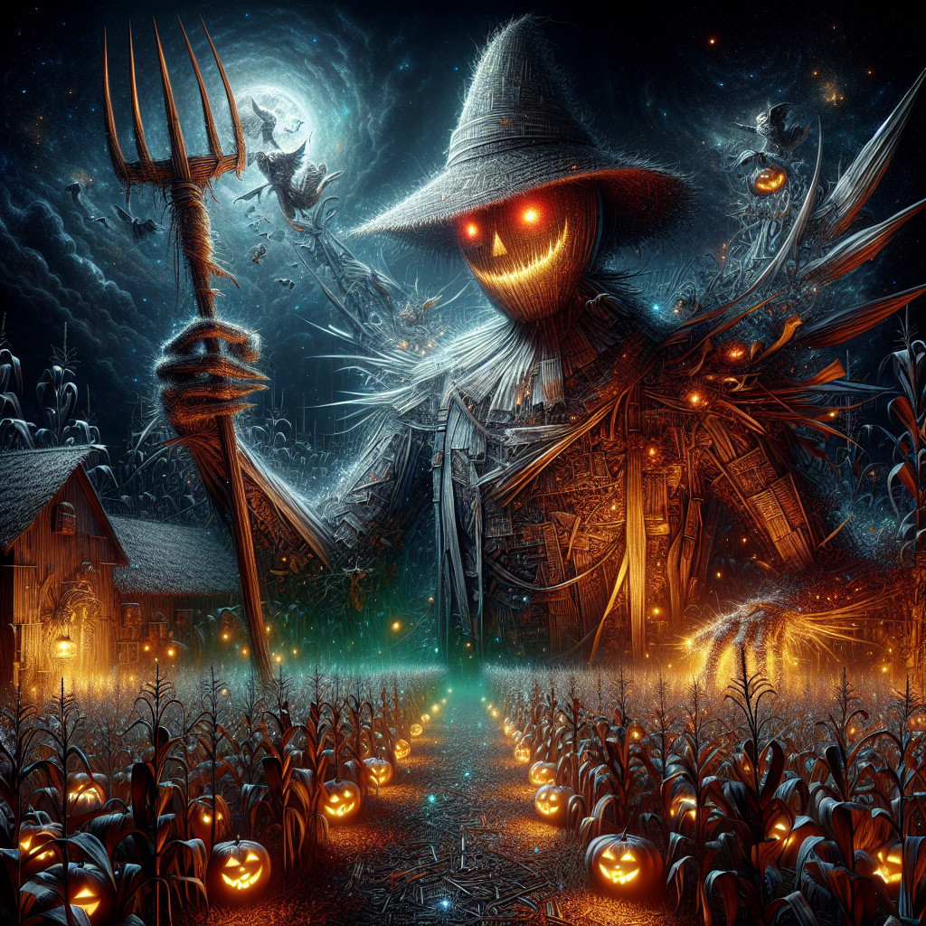 Ominous Scarecrow in Moonlit Cornfield Scene