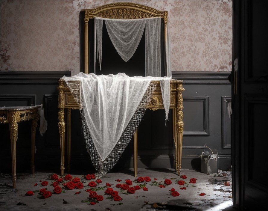 White Veil Draped on Golden Mirror Stand with Red Roses and Snow