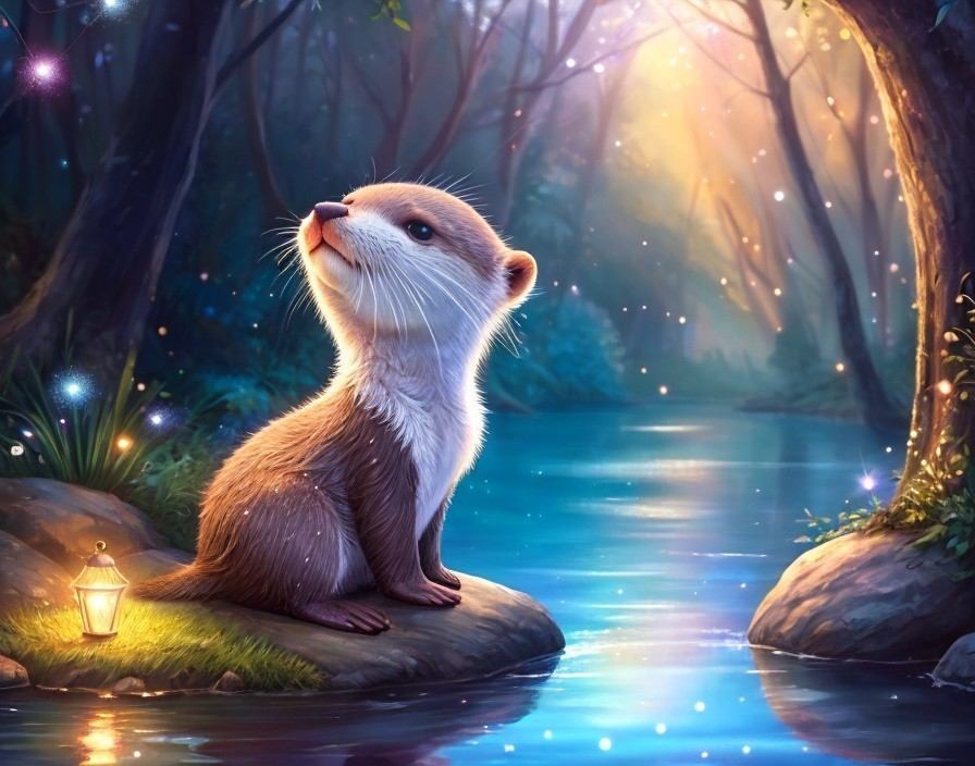 Cute otter by tranquil creek with lantern and magical sparkles