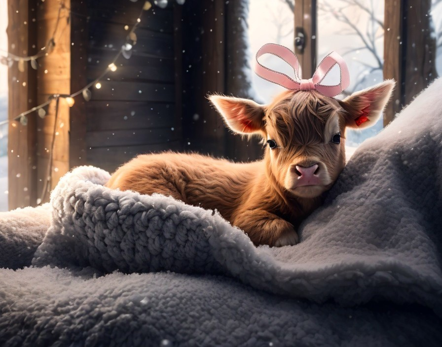 Brown calf with pink bow resting on grey blanket near window in snowy scene