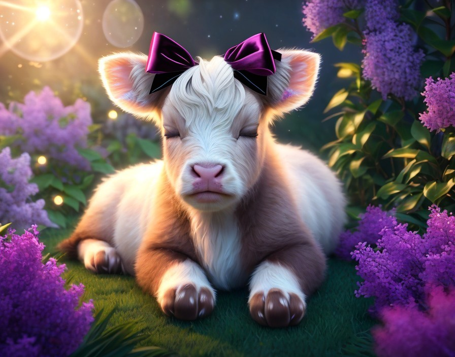 Dreamy Calf in Lilac Meadow