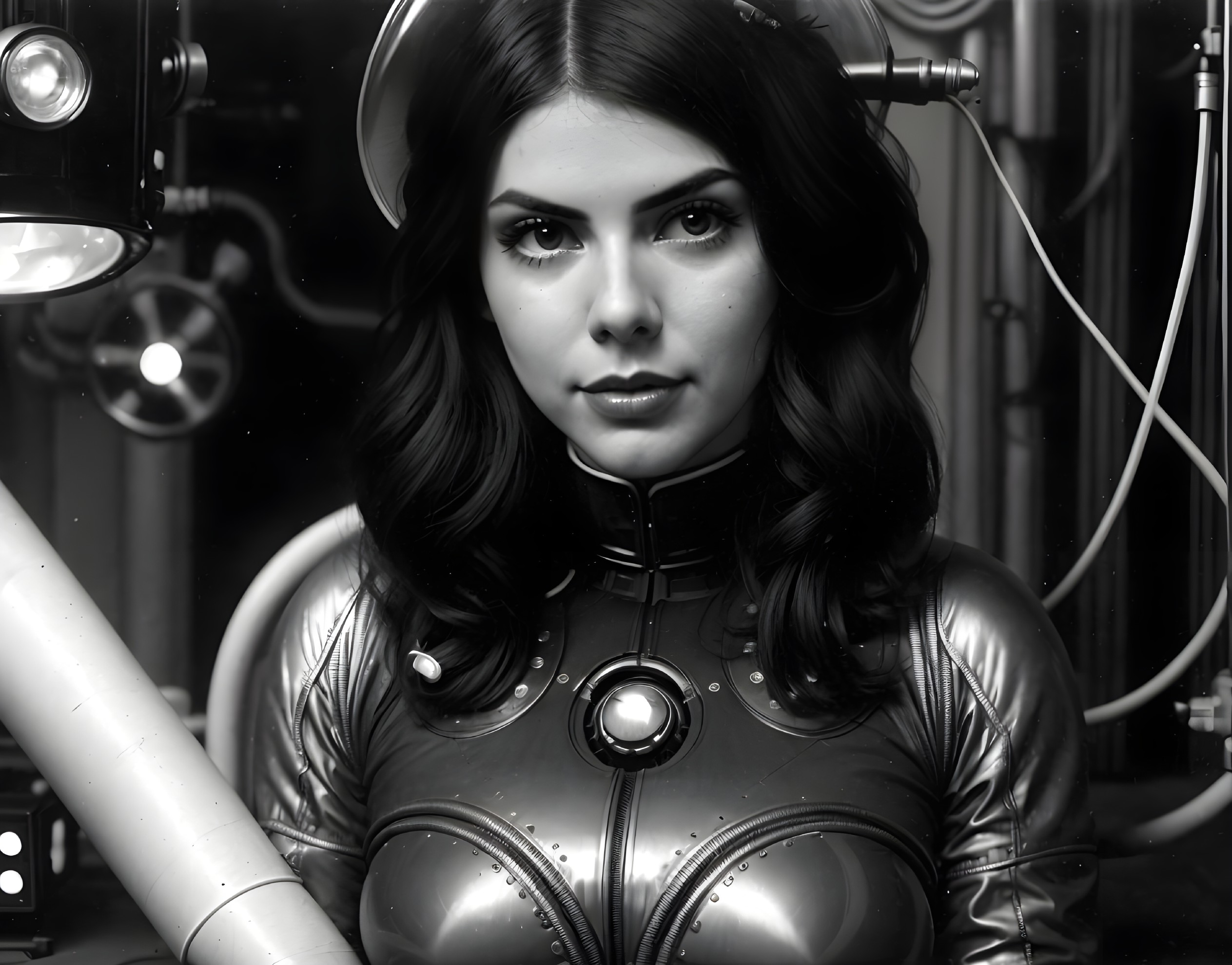 Futuristic figure in metallic suit with industrial backdrop