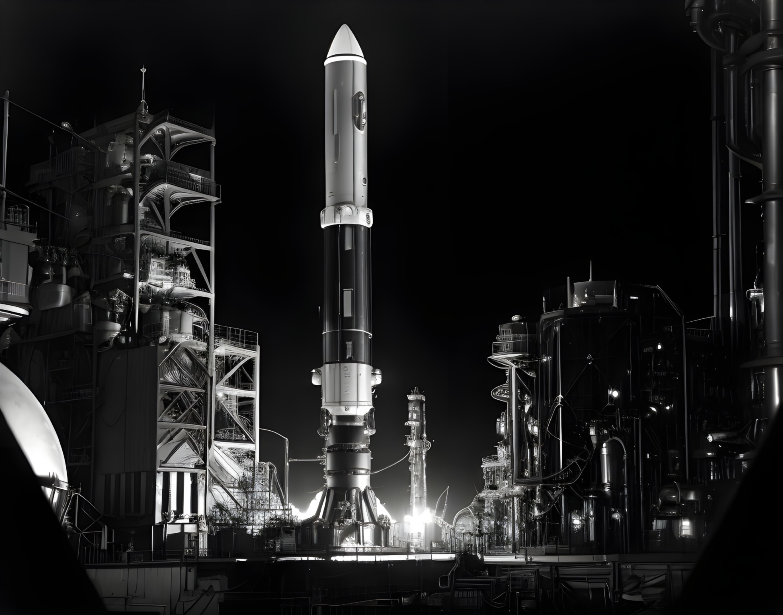 Spacecraft on Launchpad at Night with Monochrome Palette