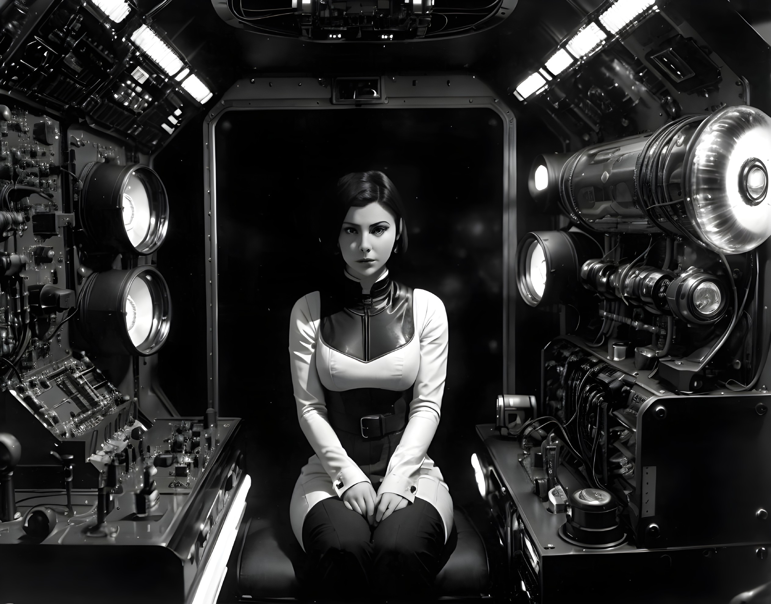 Futuristic Control Room with Confident Woman in Suit