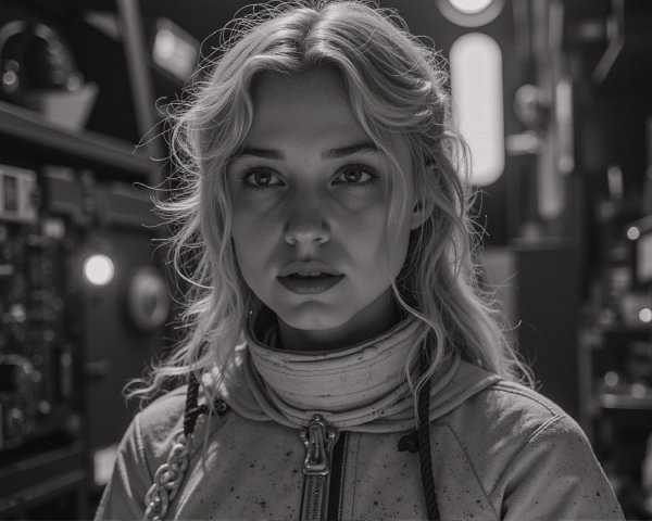 Young woman in astronaut suit against tech backdrop