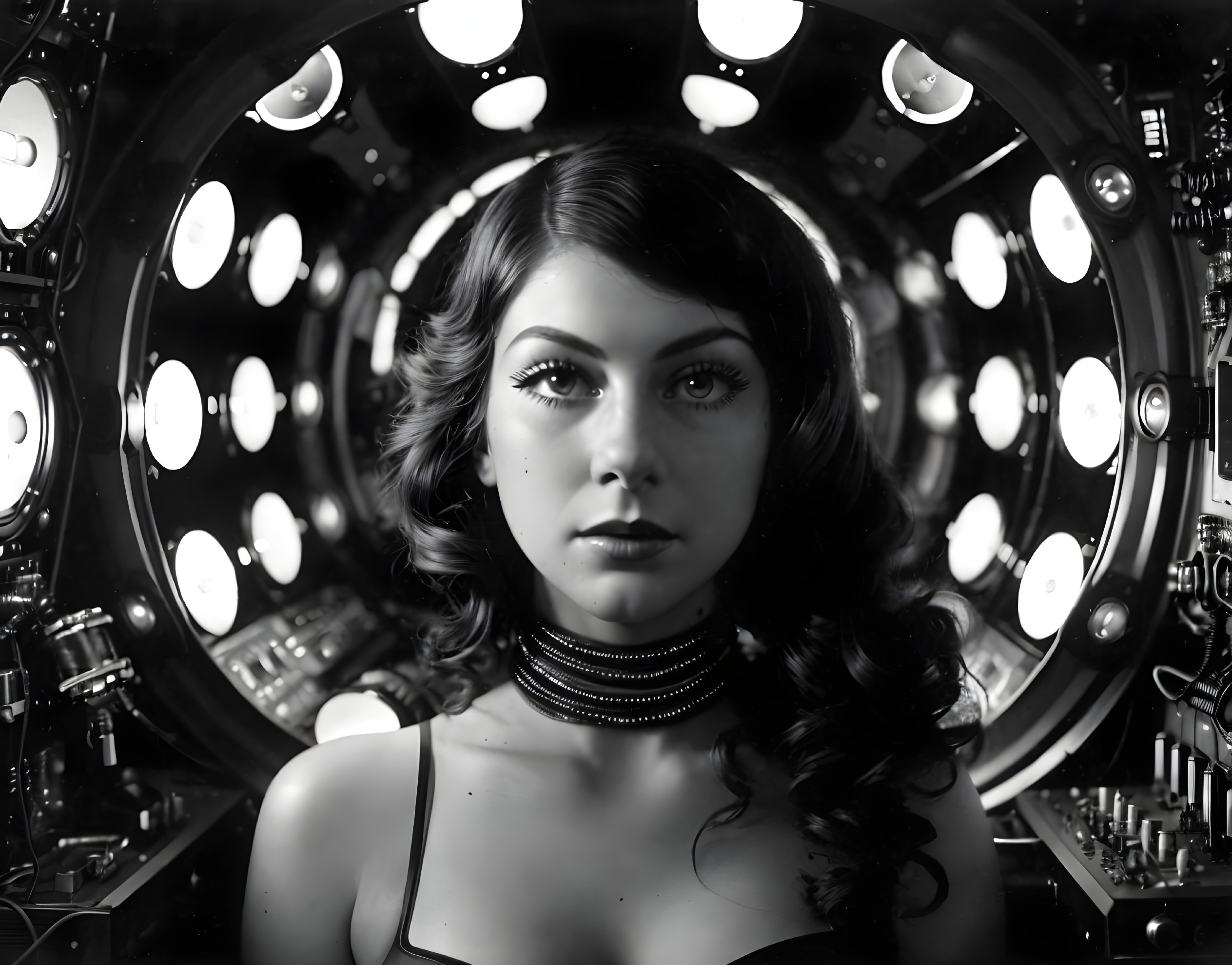 Black-and-white portrait of a woman in a futuristic setting