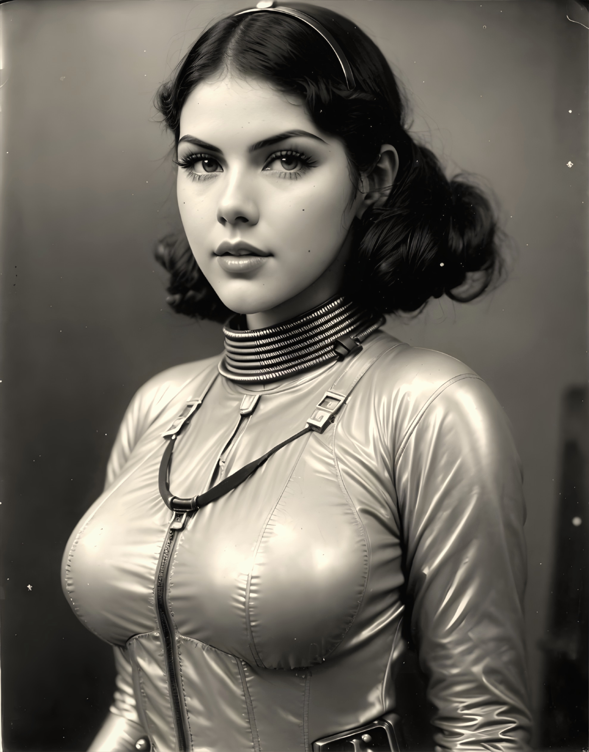 Black-and-white photo of a woman in futuristic attire