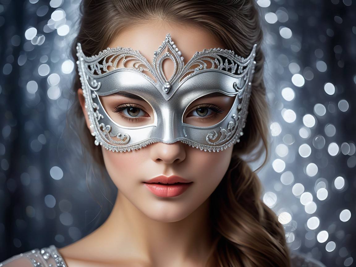 Young woman in elegant silver masquerade mask and backdrop