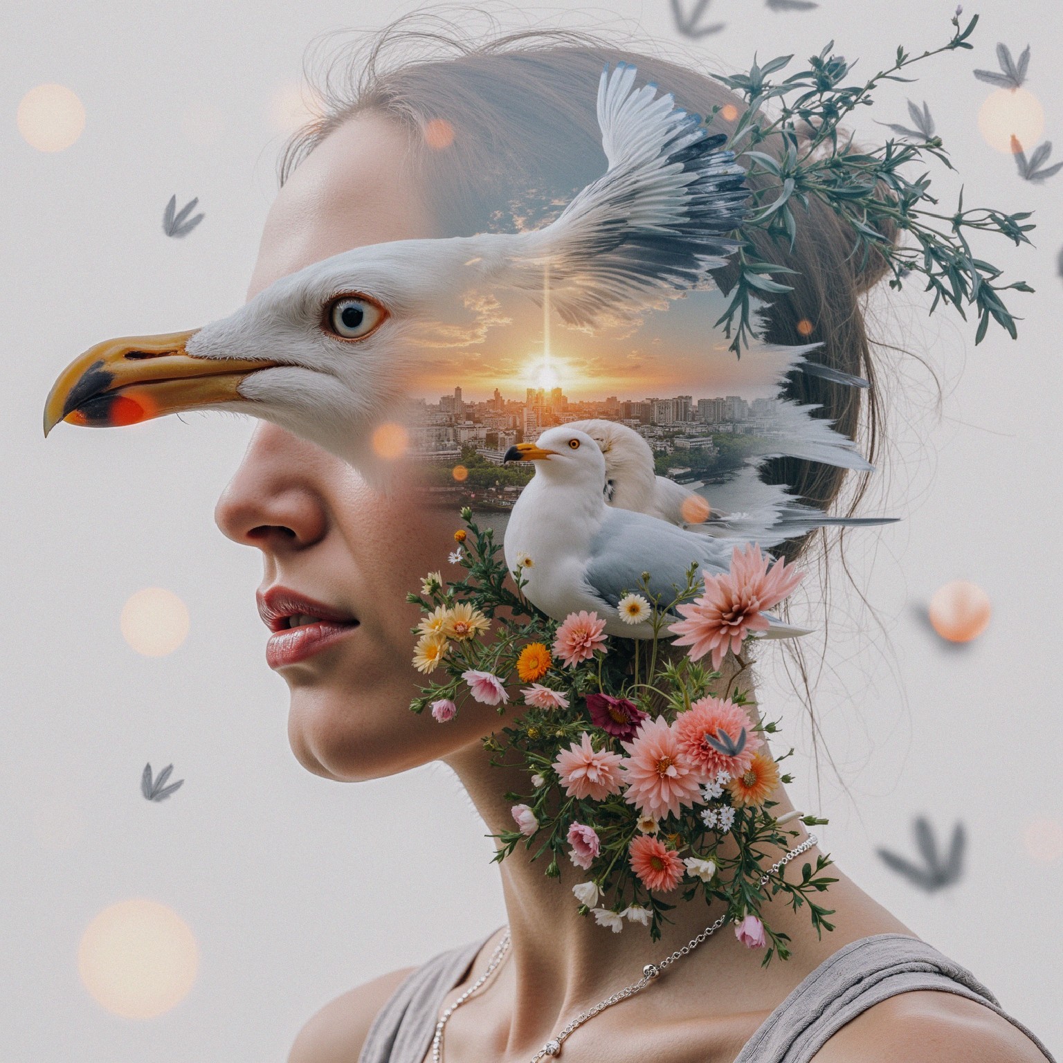 Double Exposure of Woman, Seagull, and Flowers