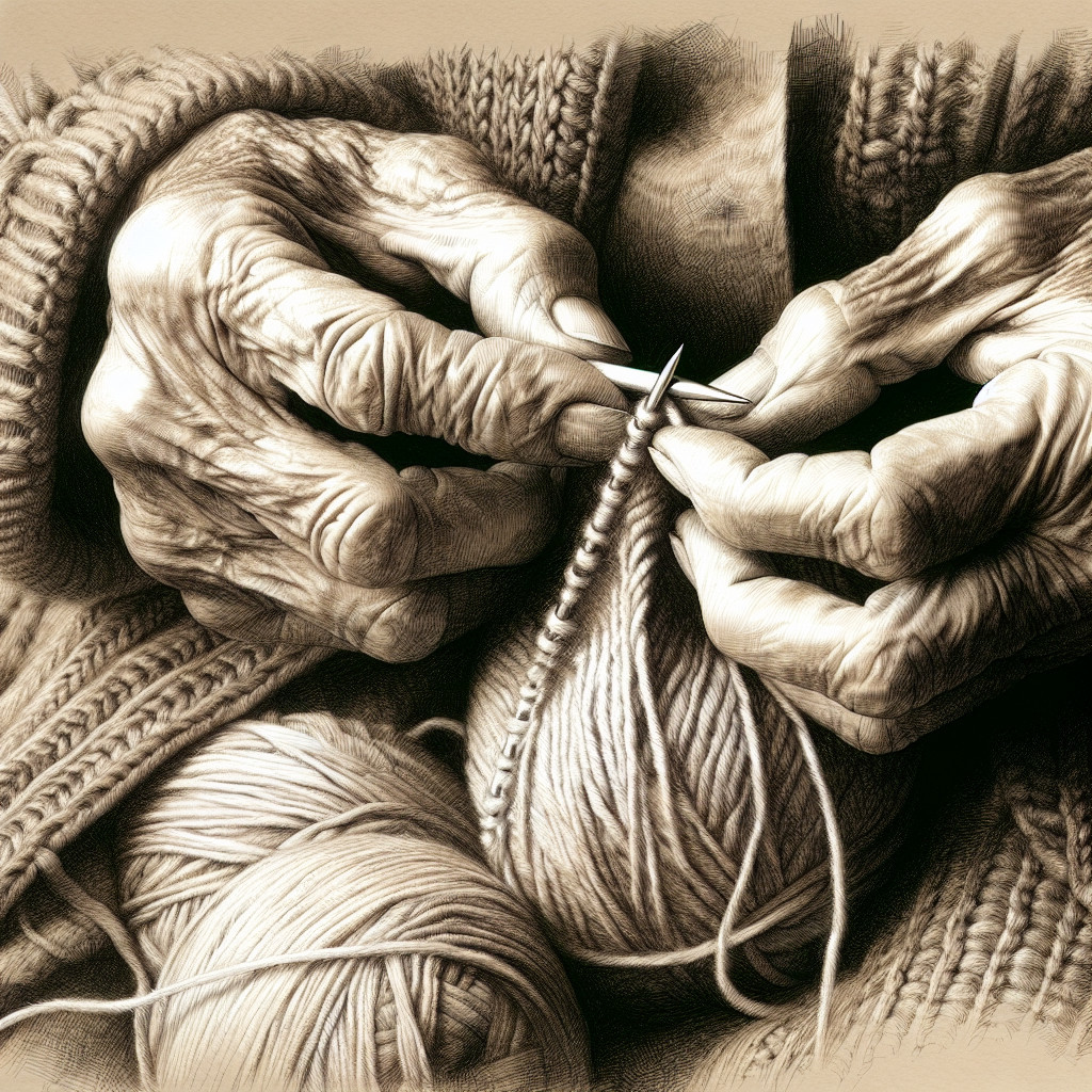 Elderly Hands Skillfully Knitting with Textured Yarns