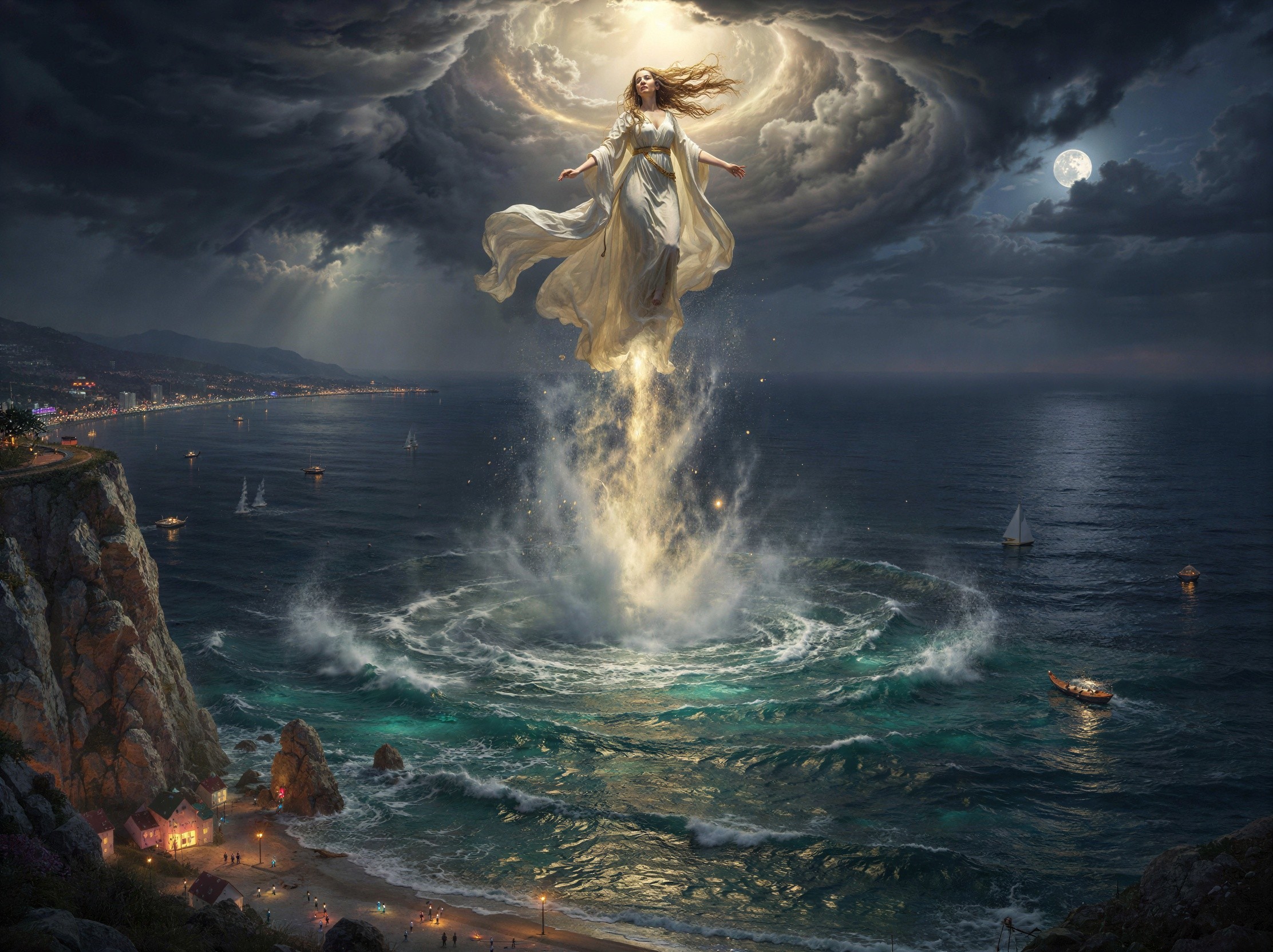Woman in White Dress Floating Above Turbulent Ocean