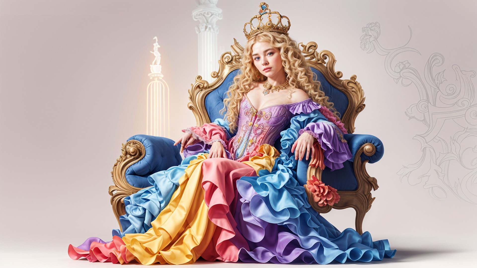 Young girl on ornate throne in vibrant gown