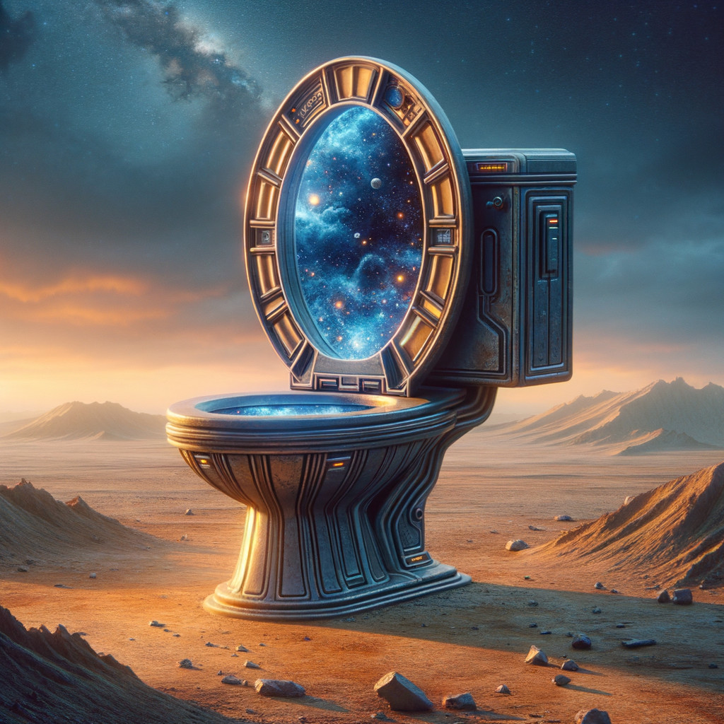Toilet Portal with Galaxy in Barren Landscape