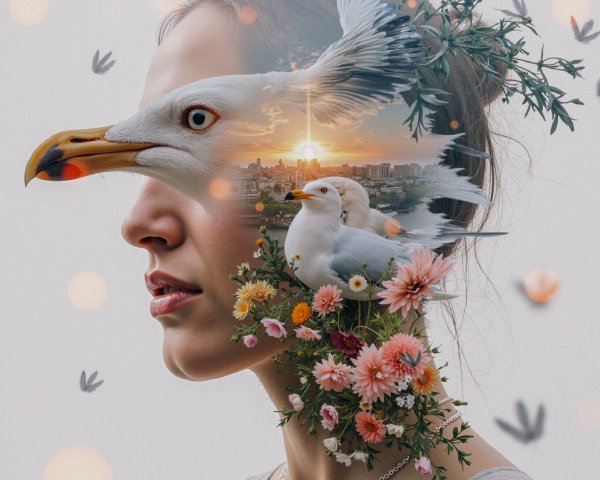 Double Exposure of Woman, Seagull, and Flowers