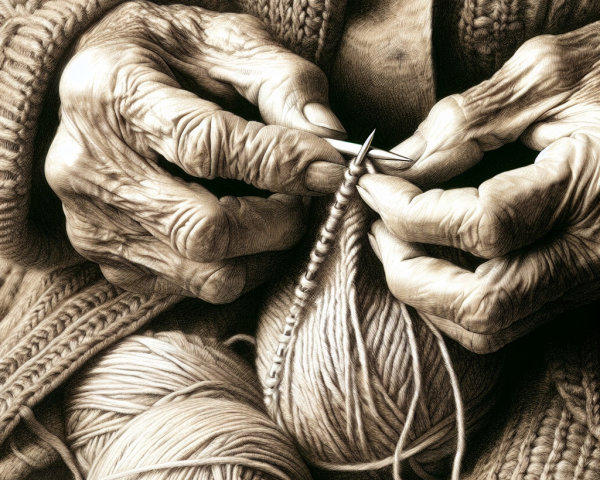 Elderly Hands Skillfully Knitting with Textured Yarns